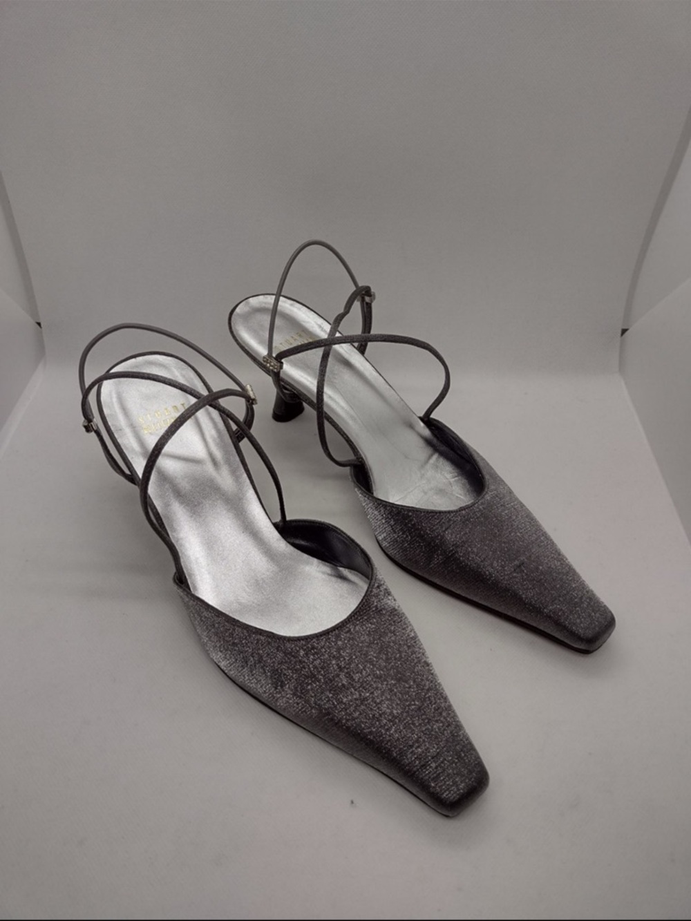 Women's Silver Strappy Pointed-Toe Mid Heels